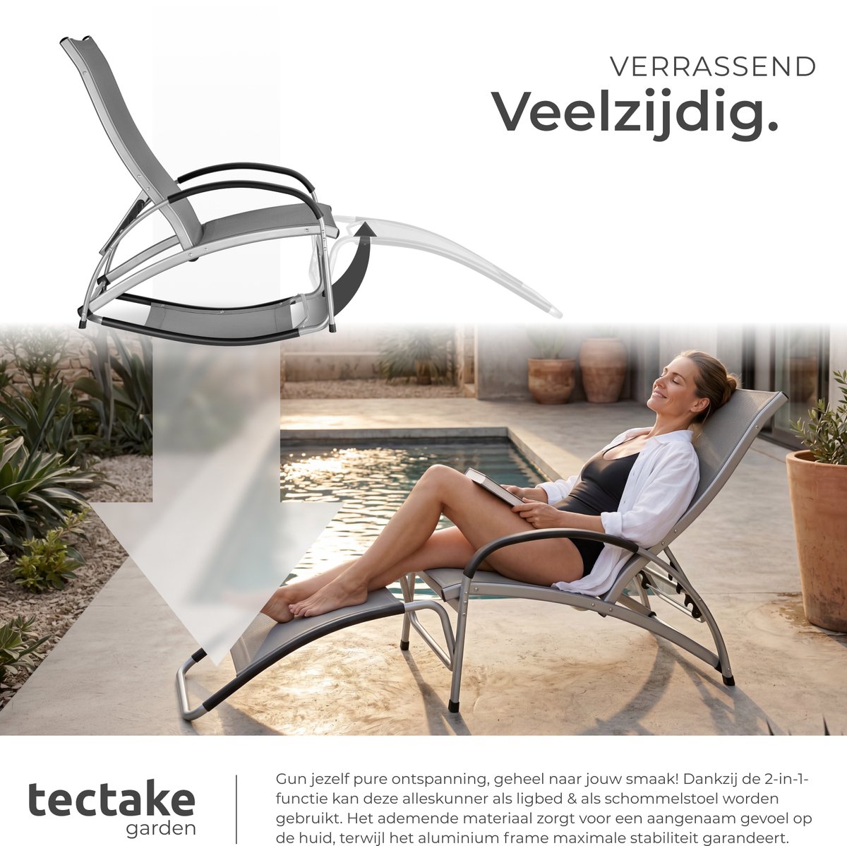 tectake® Set van 2 Ligbedden Avignon - 2-in-1 Verstelbare Ligstoelen - Schommelstoelen voor Buiten - Weerbestendig frame en waterafstotend, luchtdoorlatend weefsel - Tuinstoel - Balkonstoel - 195cm lang - Antraciet – foto 8
