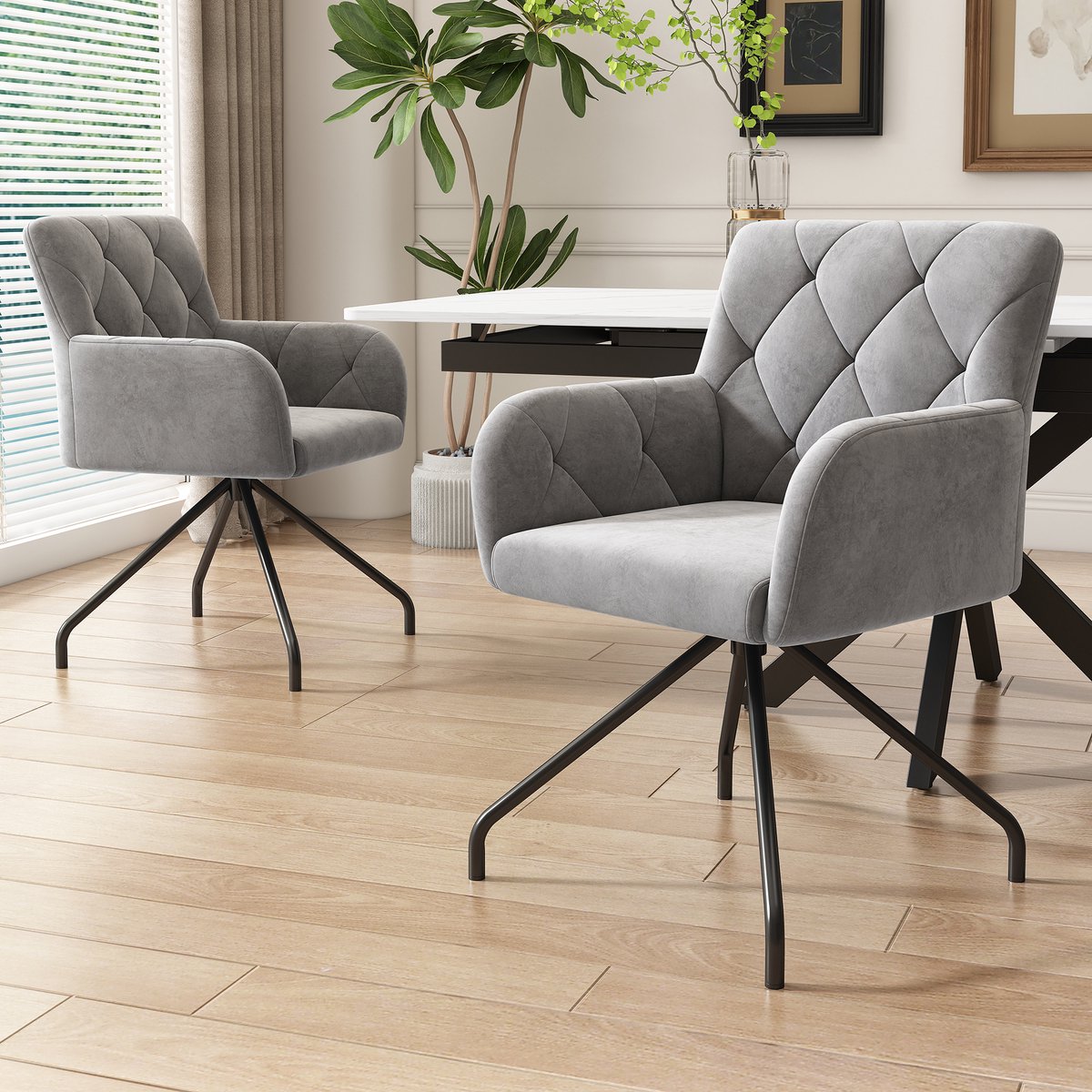 Eetkamerstoel - 2 Stuks - Luxe Lounge Sessel Diamant Rugdesign - Lendensteun, 4 Metalen Po