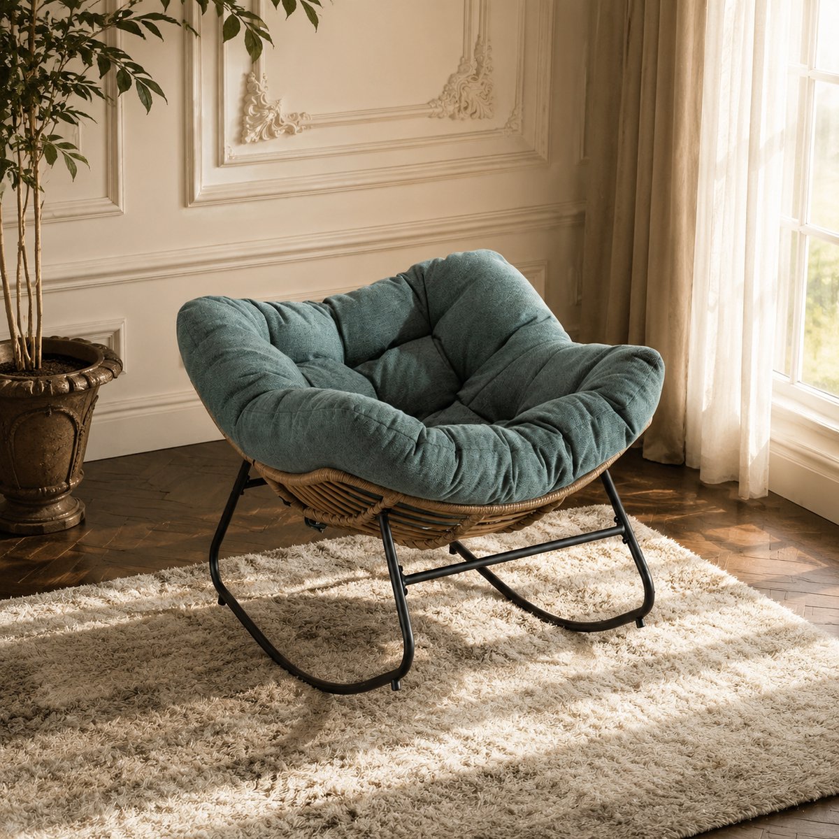 Schommelstoel - Ergonomische Papasan stoel - Relaxstoel - Chenille stof - Fauteuil - Loungestoel - Rotan Relaxstoel - Groen