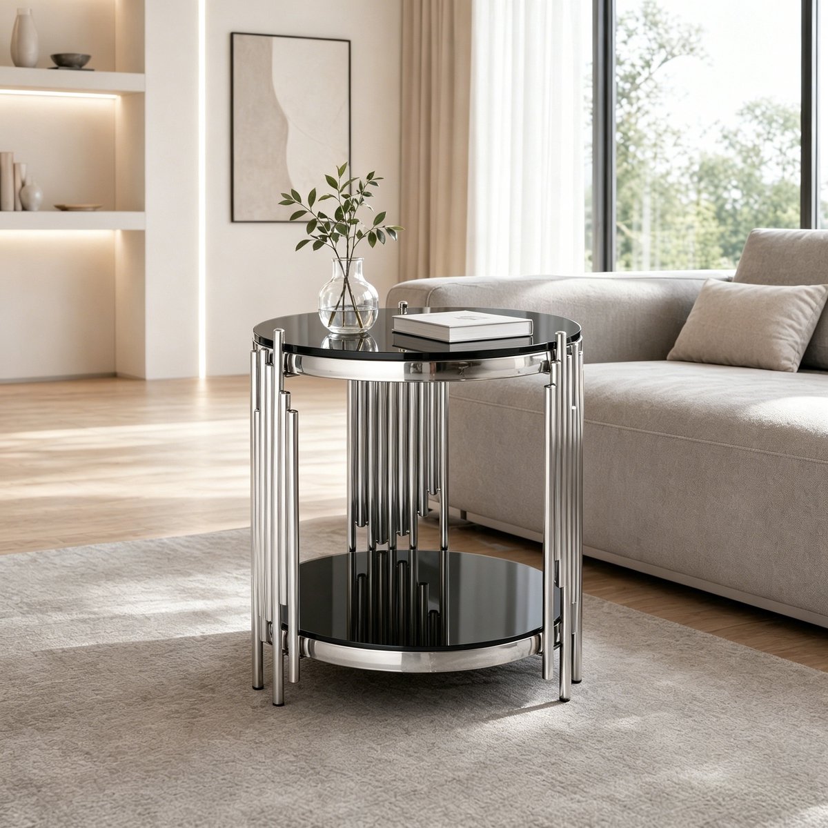 Ronde salontafel – 45 cm moderne bijzettafel (met gehard glas) – Zwart blad met zilverkleurig roestvrijstalen frame – Geschikt voor woonkamer, balkon of slaapkamer