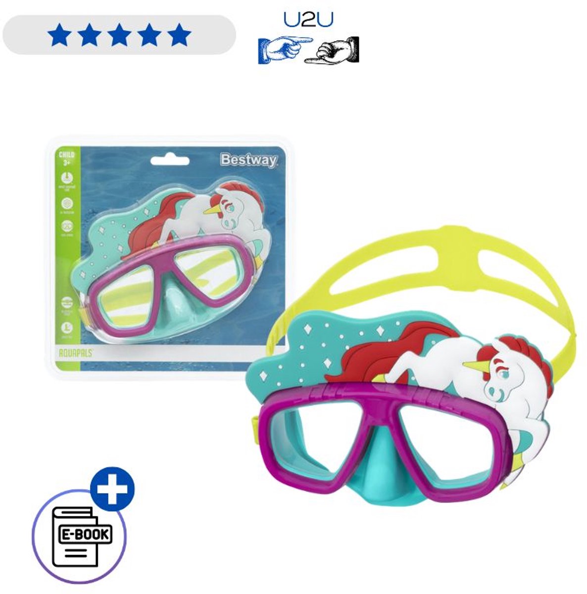Bestway Zwemmasker 22064 Unicorn - Kinder Swimming Goggles Met UV Bescherming En Comfortabele Pasvorm - Duikmasker Voor Zwembad Strand En Waterpret Vanaf 3 Jaar Met Ebook