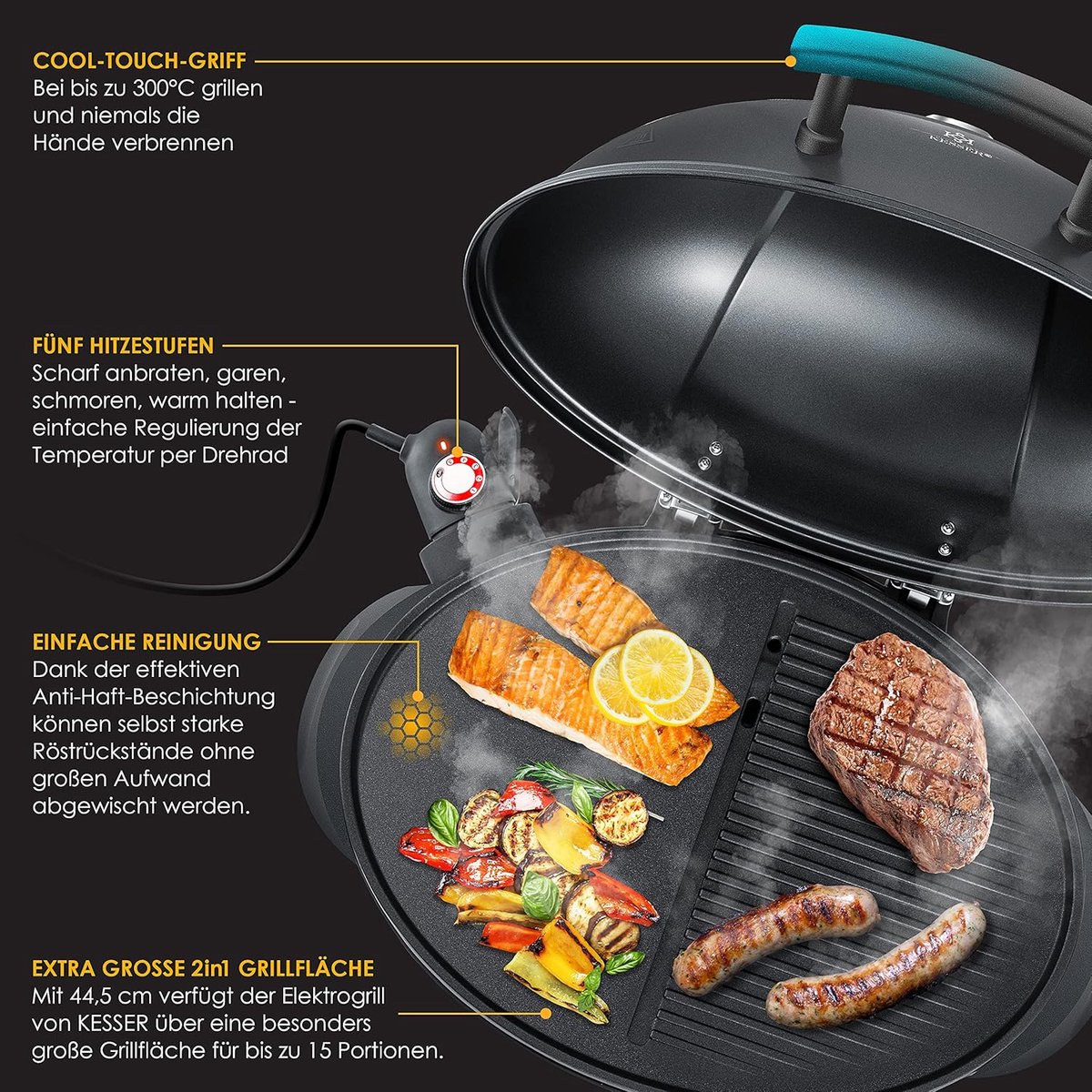 Deluxe 2-in-1 Elektrische BBQ Grill 2400W met Onderstel, Deksel & Thermometer – XXL Tafelbarbecue en Staande Elektrische Barbecue met Antiaanbak Grillplaat 121 x 49 x 37 cm
