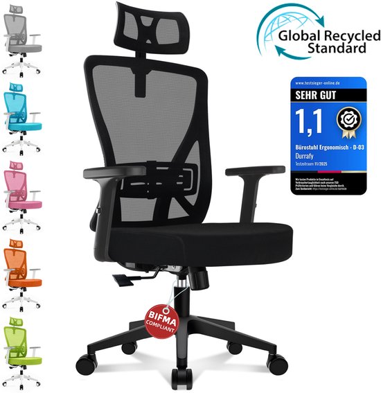 Durrafy® Ergonomische Bureaustoel - Bureaustoel - Office Chair - Bureaustoelen voor Volwassenen met Verstelbare Armleuningen & Hoofdsteun - Verstelbare Lendensteun (±6 cm) - Computerstoel met 90°-135° Kantelbare Rugleuning - Max. 155 kg - Zwart