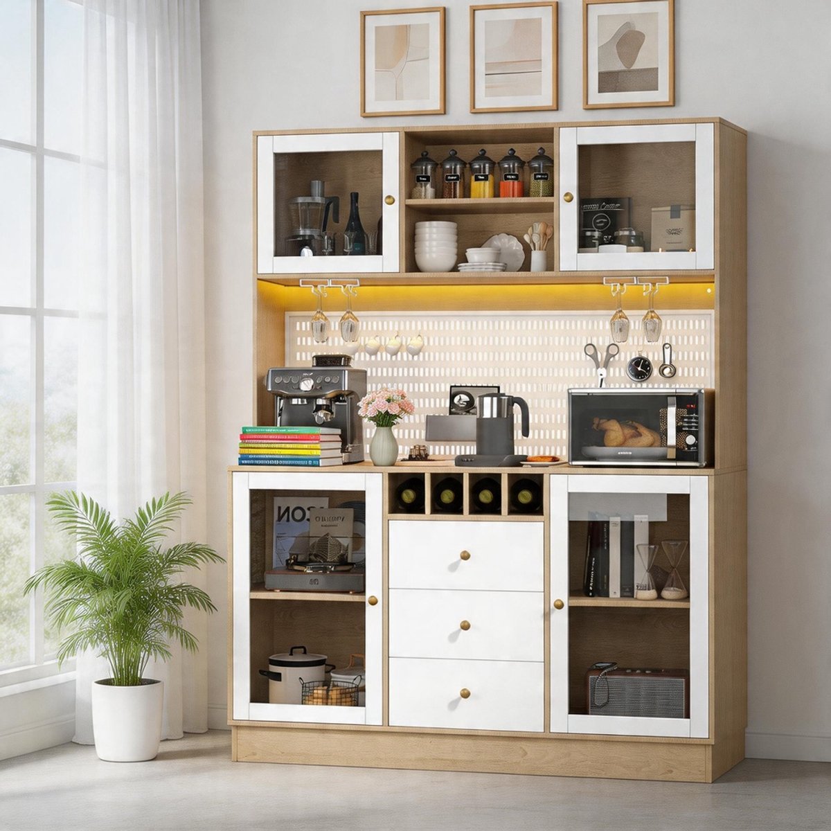 KOMHTOM - Moderne hoge kast - Slimme LED-verlichting - Wijnrek - Kantelbeveiliging - Verstelbare planken - Wit
