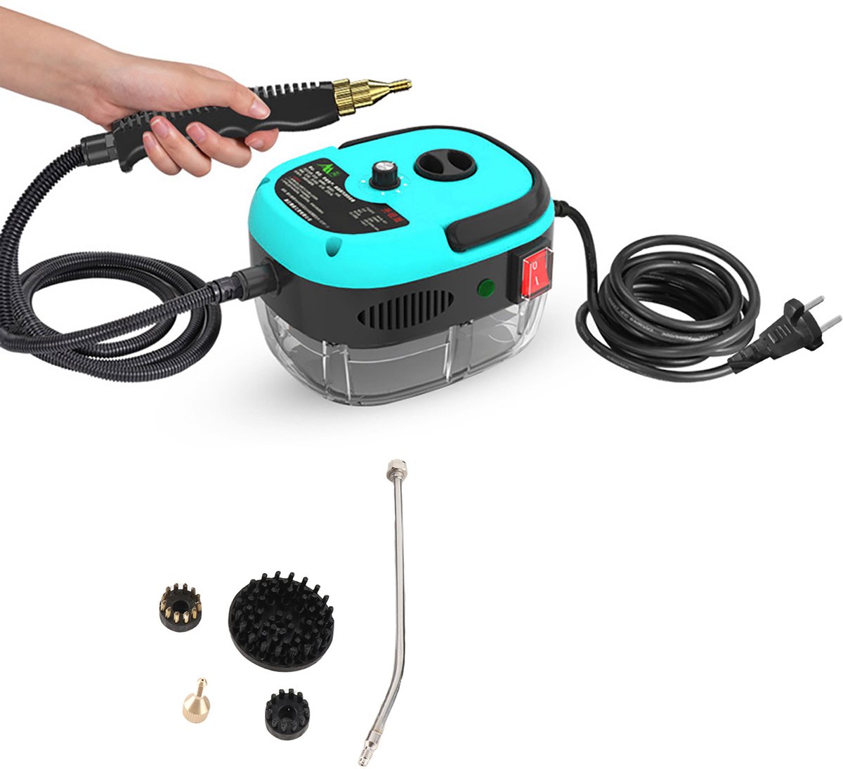 Stoomreiniger Handheld 1500W – Hoge Druk Stoomreiniger voor Keuken & Badkamer – 6 Standen – 105°C – Inclusief 3 Borstels en Verlengde Spuitmond – Blauw