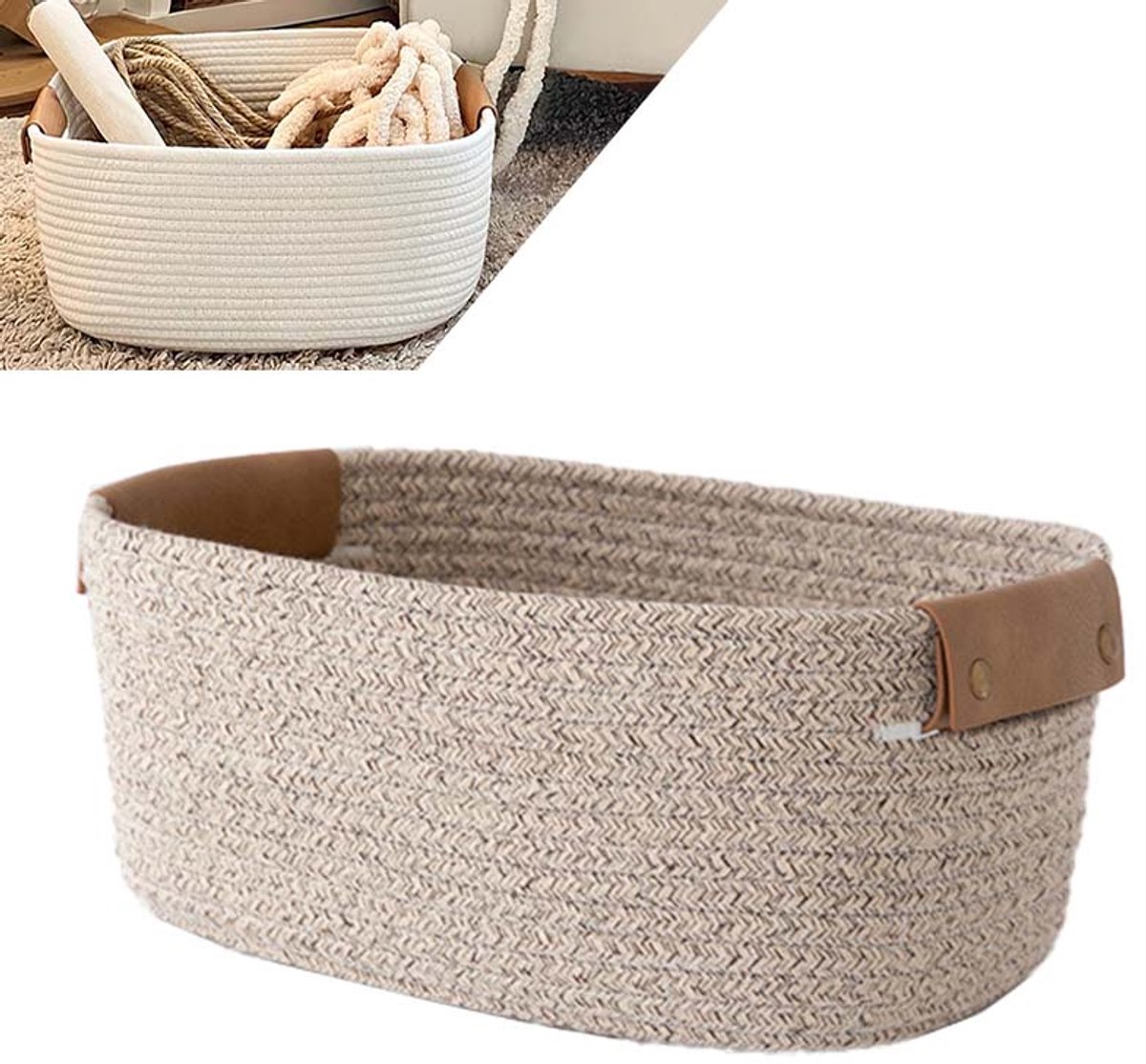 Opbergmand van gevlochten katoen – 28×22×11CM – Voor baby speelgoed, wasgoed & cadeaumand – Lichtkoffie