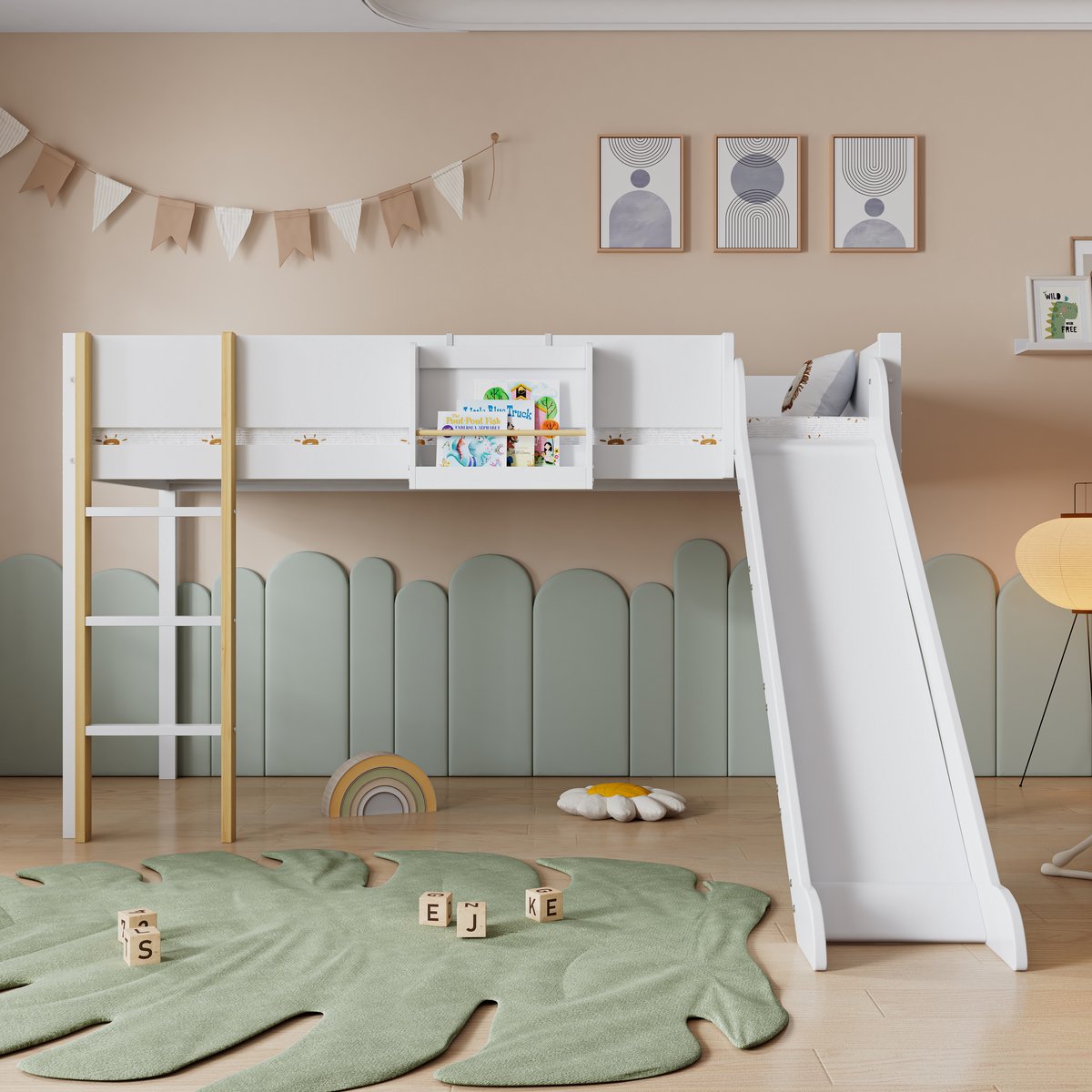 HAUSS SPOLE Halfhoogslaper 90x200 cm - Met Glijbaan en Rechte Ladder - Afneembare Opbergplank - Zonder Matras - Hout - Wit Wit, Natuur