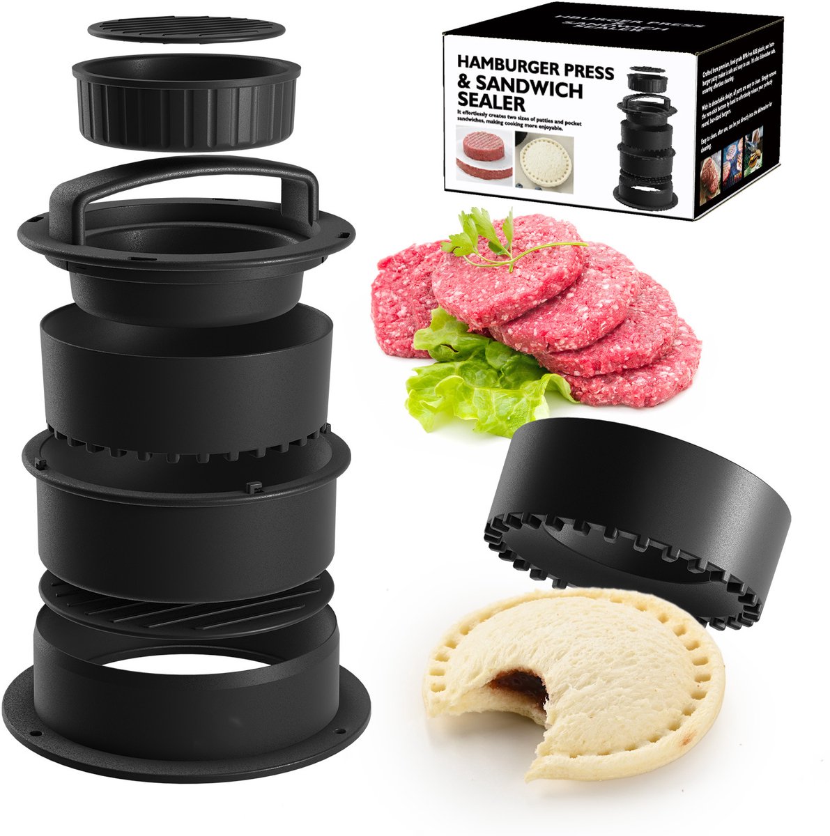 4-in-1 Hamburgerpers - Sandwichsnijder en -sluiter - Hamburgerpers - Keuken gadgets - Zwart - ABS