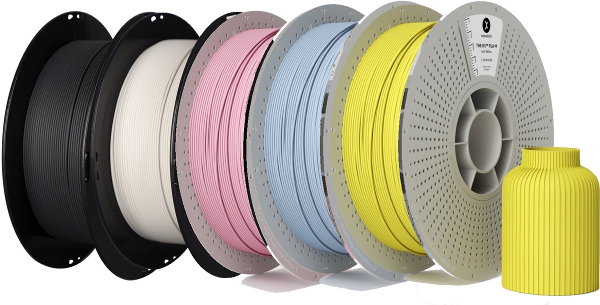 Kexcelled PLA Mat Combideal - 5x 1kg 3D Printer Filament - Mat Zwart, Mat Wit, Mat Koraal Roze, Mat Zonnig Blauw, Mat Warm Geel
