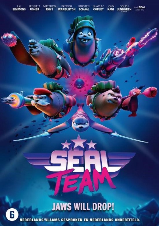 Film poster voor Seal Team met geanimeerde zeehonden met uitrusting. De titel 'SEAL TEAM JAWS WILL DROP!' staat in grote letters.