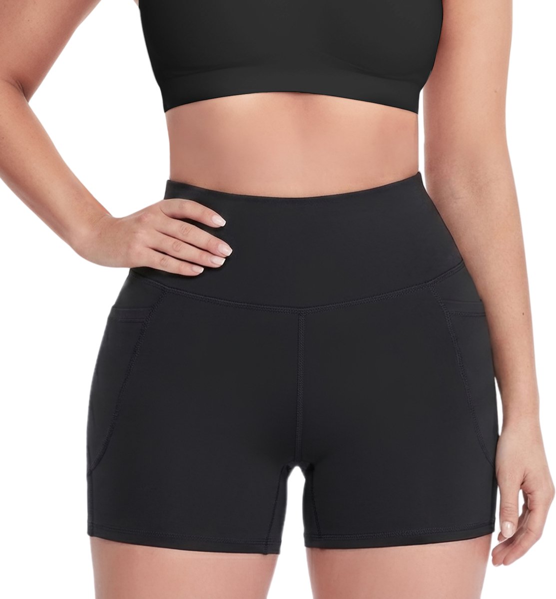 High Waist Fitness Short met Telefoonzak - Maat M - Zwart - Sport Legging Dames Kort - Sportbroekje Dames - Gym Short - Sportkleding Dames - High Waist - Scrunch Sport short - Fitness Short - Yoga Short - Squat Proof - Shapetape