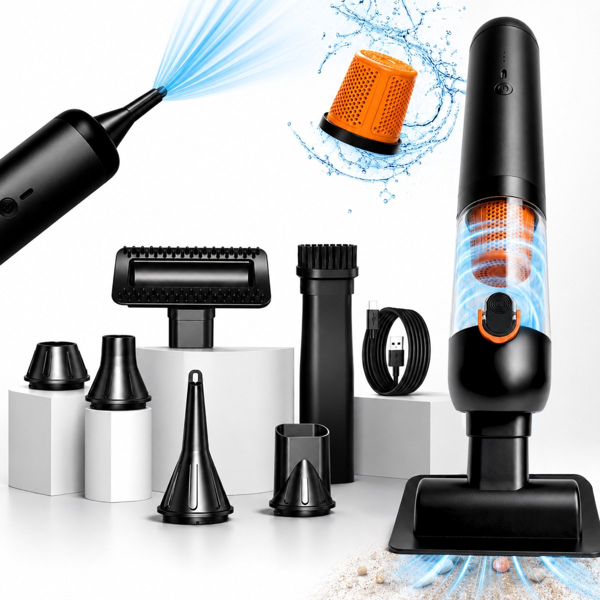 Mondura Auto Stozuiger - Kruimeldief Snoerloos - Handstofzuiger 3-in-1 – Mini Kruimelzuiger Draadloos voor Auto – Air Duster – 15000Pa – 6 Opzetstukken