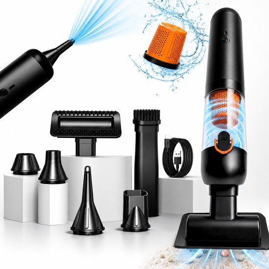 Mondura® PowerClean - Auto Stofzuiger - Handstofzuiger - Kruimeldief Snoerloos 3-in-1 – Mini Kruimelzuiger Voor Hondenharen – Air Duster – 6 Opzetstukken