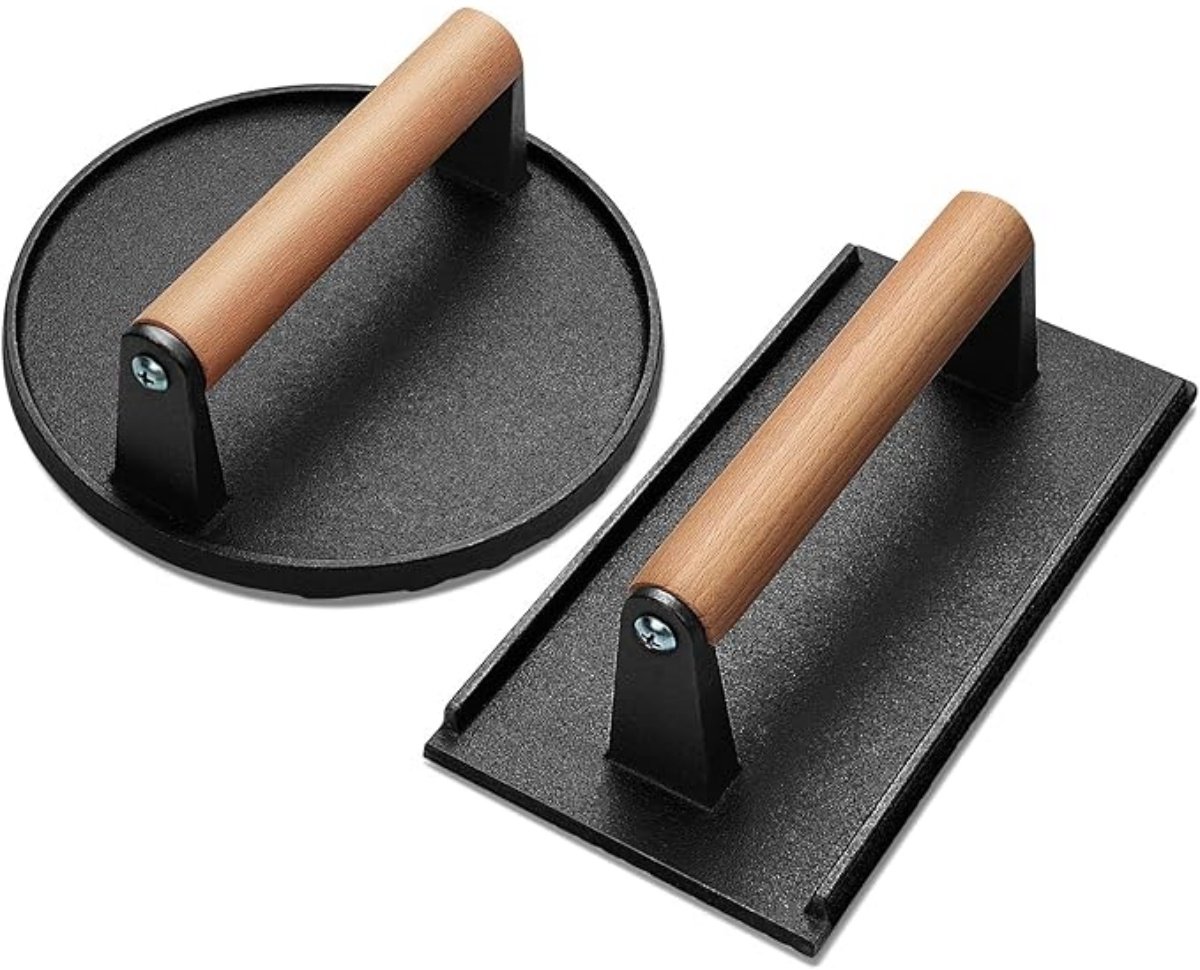 TOVBMUP Hamburgerpers - Robuuste gietijzeren spekpers - Voor steaks - Met houten handvat - 17,5 cm rond en 21 x 10,5 cm rechthoekig - Voor grillpannen, sandwiches, antiaanbakpannen
