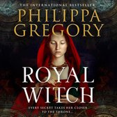 Boekomslag van 'Royal Witch' door Philippa Gregory, met een vrouw in rode kap en gouden ketting.