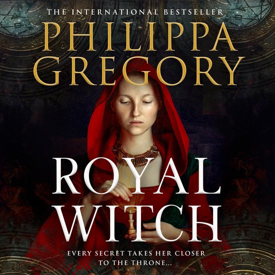 Boekomslag van 'Royal Witch' door Philippa Gregory, met een vrouw in rode kap en gouden ketting.