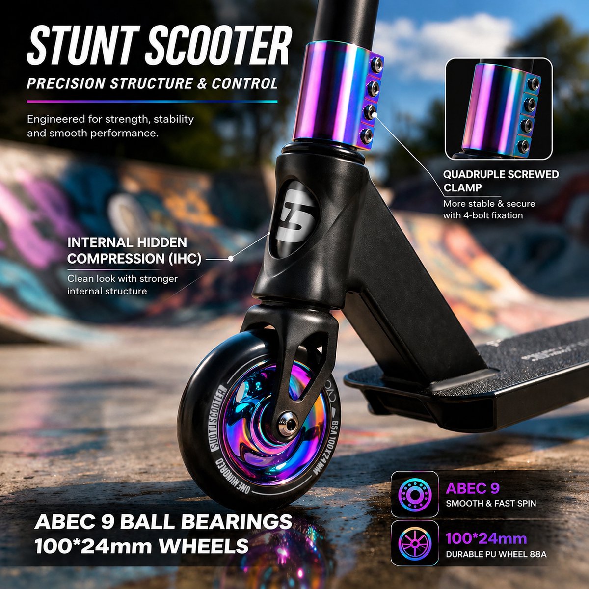 Suotu Stuntstep - Step - Kinderstep - Silent axle - Speelgoed Jongens/Meisjes - Maximale stuurhoogte: 78 cm - Aluminium - Zwart/NEO — afbeelding 9