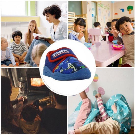 Collage met een blauwe Sonic The Hedgehog pantoffel in het midden, omringd door scènes van kinderen in klaslokalen, bij een open haard en spelend.