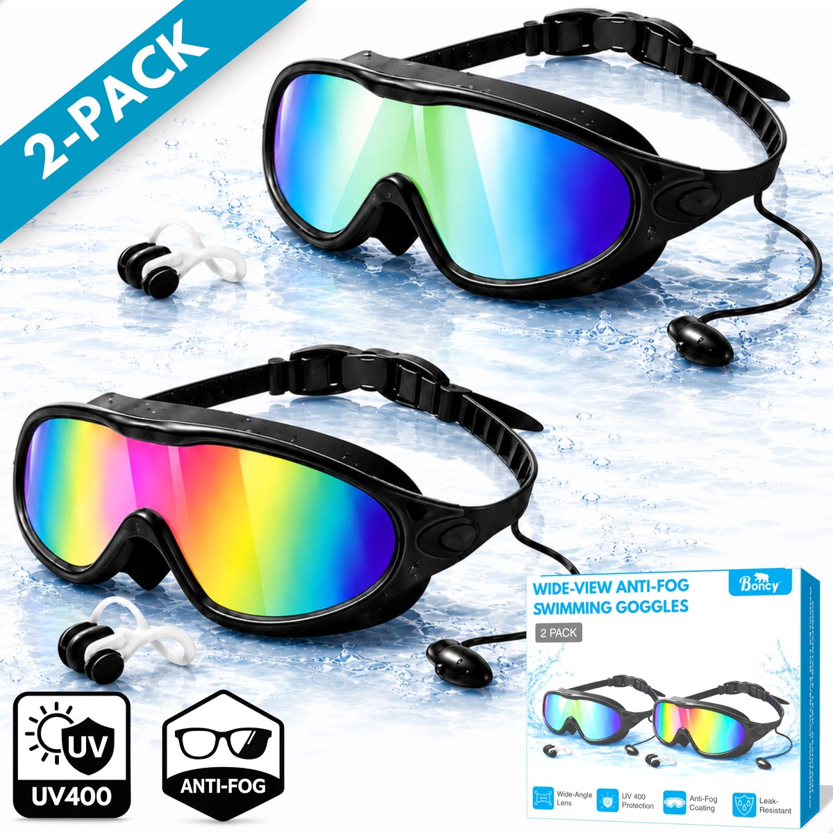 Boncy® Premium Zwembril - Duikbril met UV Bescherming & Anti Condens - Verstelbare Zwembril voor Volwassenen & Kinderen Kind - Inclusief Oordoppen en Neusklem - Zwembrillen voor Dames & Heren - Brede Kijkhoek - Inclusief Opbergcase