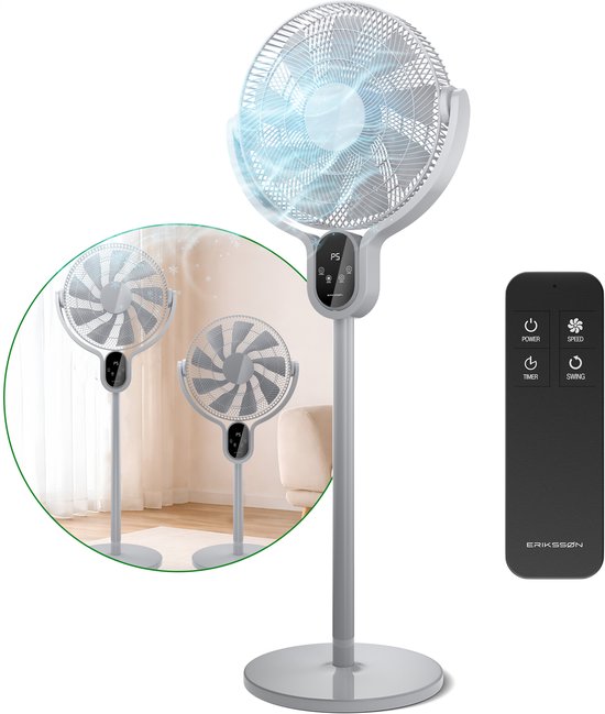 Erikssøn Statiefventilator 45W Stil Fluisterstil 8 Snelheden Verstelbaar 99-138 cm Oscillerend Grijs