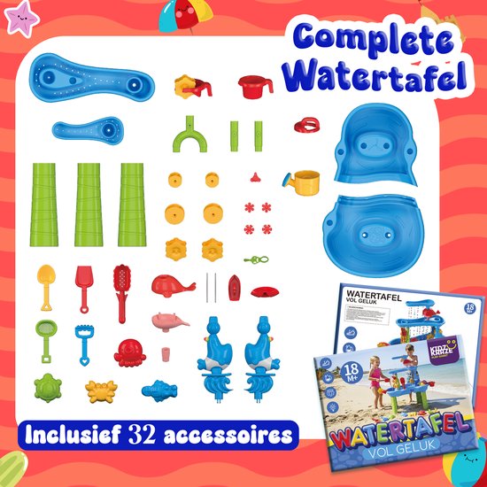 Compleet overzicht van de KidzKraze watertafel met alle accessoires, zoals pijpen, emmertjes en dierenvormen. Ook de verpakking is zichtbaar. Tekst: "Complete Watertafel, Inclusief 32 accessoires".