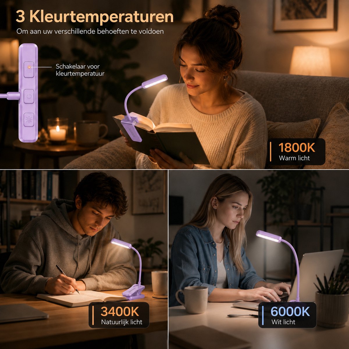 Sounix LED Leeslampje voor Boek met Klem - 315° draaibaar Leeslamp - 24 LED - Boeklampje met 3 Lichtstanden - Oplaadbare boeklamp USB - Dimbaar - Paars — cadeau in Gadgets - foto 5
