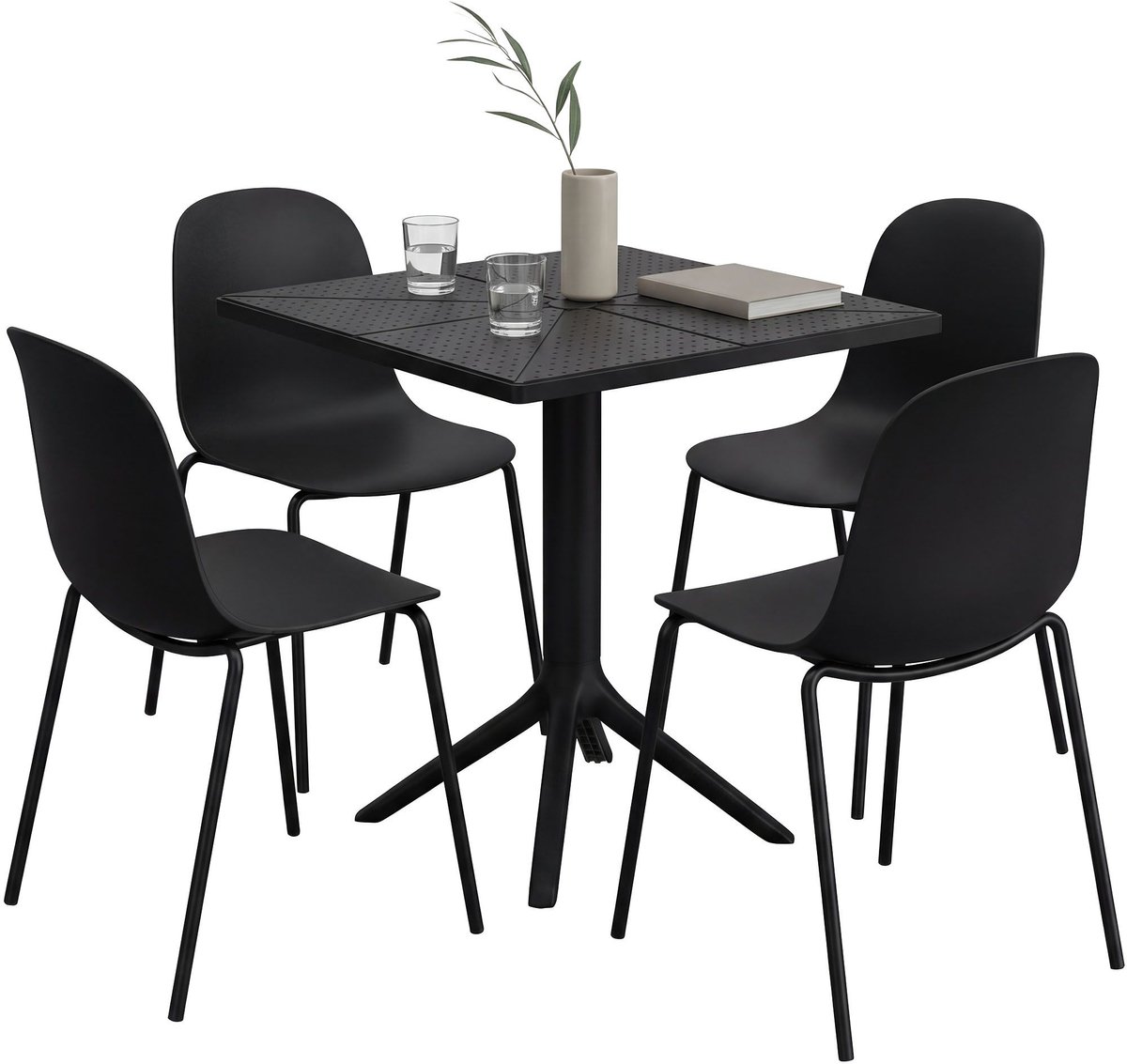 CLP Nerra tuinmeubelset - 4 stapelstoelen - vierkante tafel - weerbestendige balkonset - voor terras en tuin - zwart