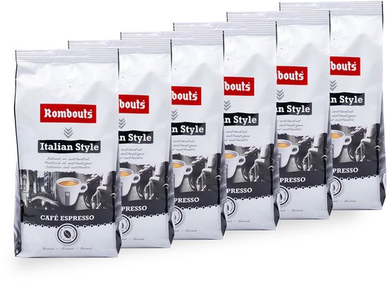 Zes zakken Rombouts Italian Style café espresso koffiebonen, wit met rode en zwarte opdruk. Zeszakken zijn opgesteld in een trapvorm.