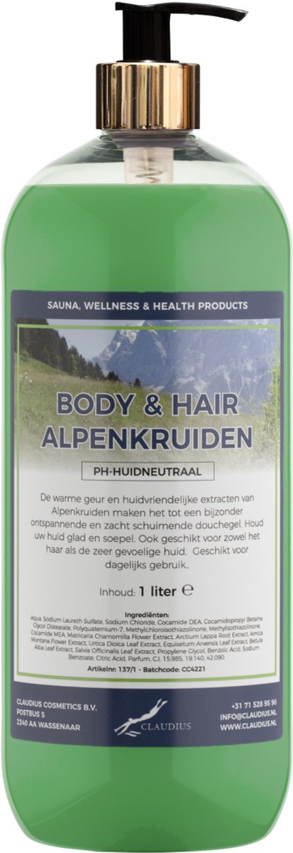 Body & Hair Alpenkruiden 1 liter met gouden pomp - 2 in 1 voor lichaam en haar