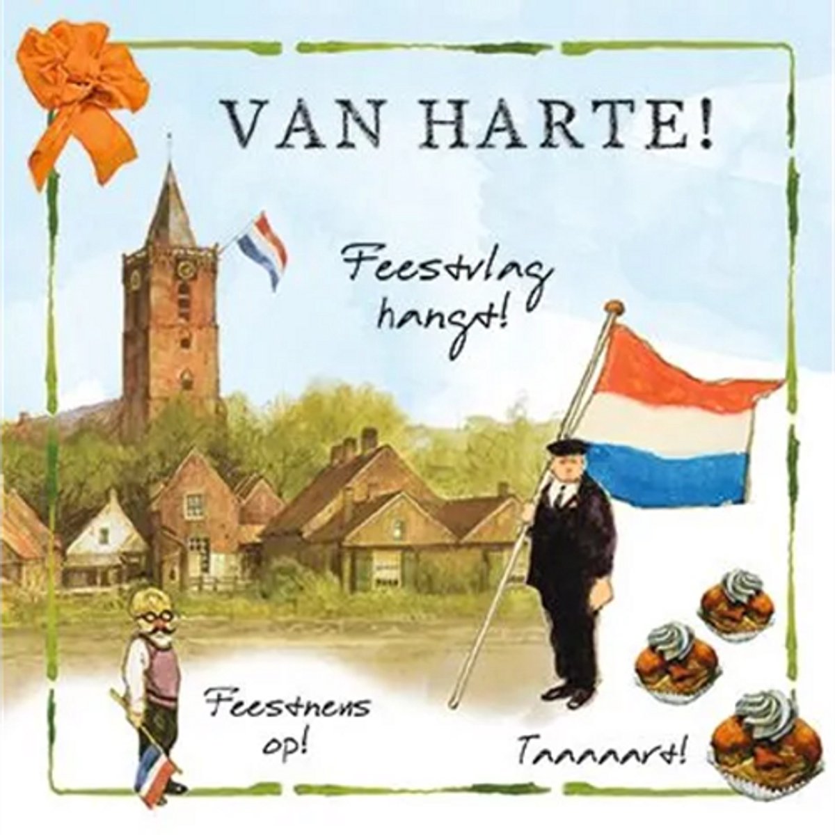 Rien Poortvliet Wenskaart Van harte! Feestvlag hangt! – Dorpsscène – 13,5 x 13,5 cm