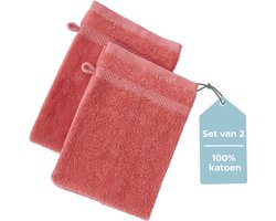 HUSH Living - Washand 100% katoen - set van 2 - zware kwaliteit 500g/m2 - stijlvol boord en ophanglus- 16x22cm - koraal