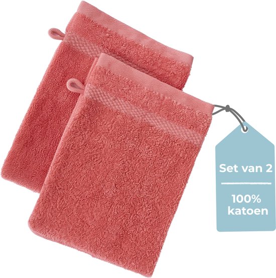 Ensemble de 2 gants de toilette corail en 100% coton, avec boucle de suspension et bordure élégante.