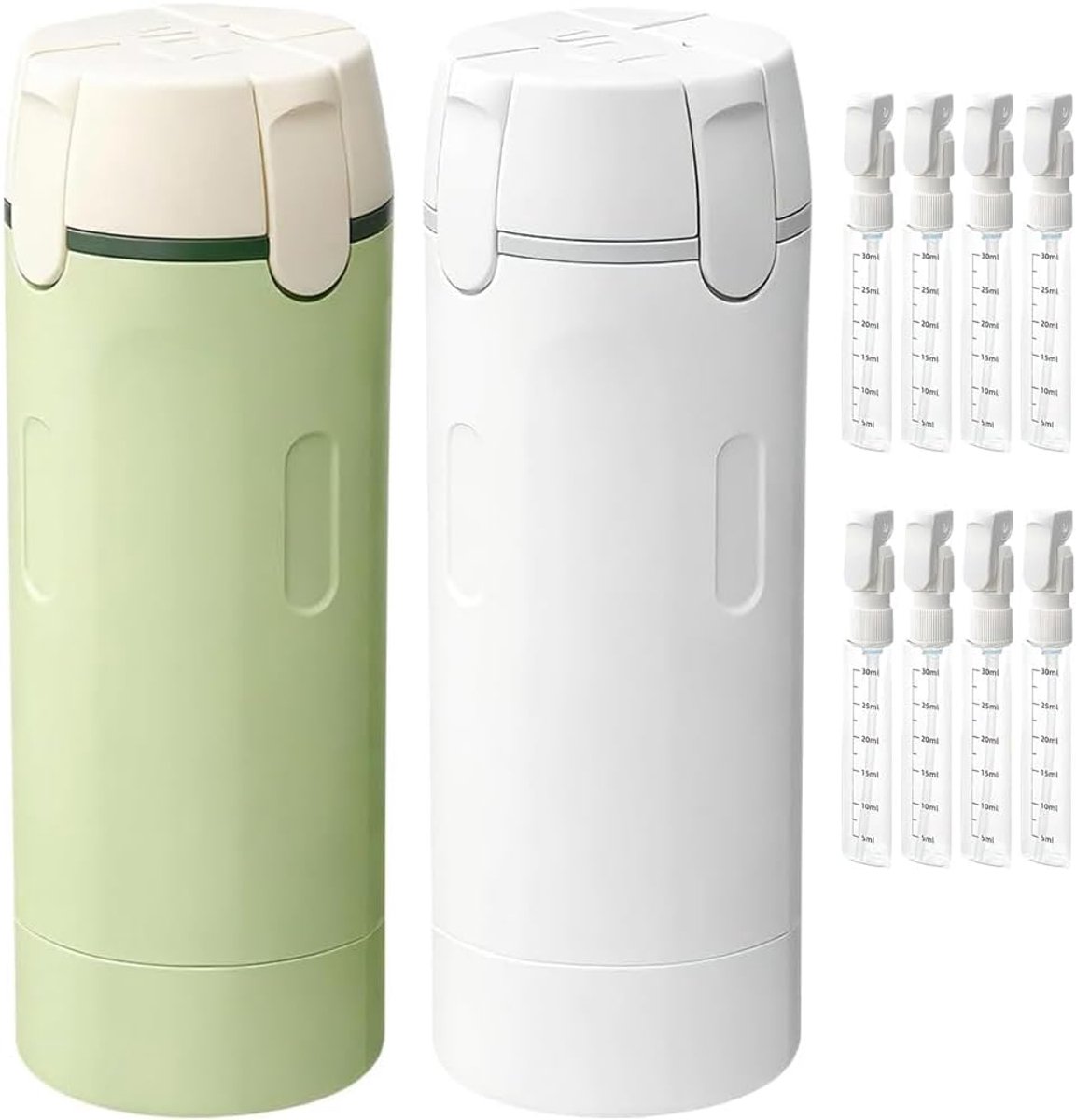 Doseerflessen - 4-in-1 reisdispenser - met dispenser - reisflesjes - 8 X 30ml - Navulbare Reisdispenser - Draagbaar - Lekvrij - Met maatverdeling en etiketten - Geschikt voor shampoo en lotion - Groen+Wit - 2 Stuks