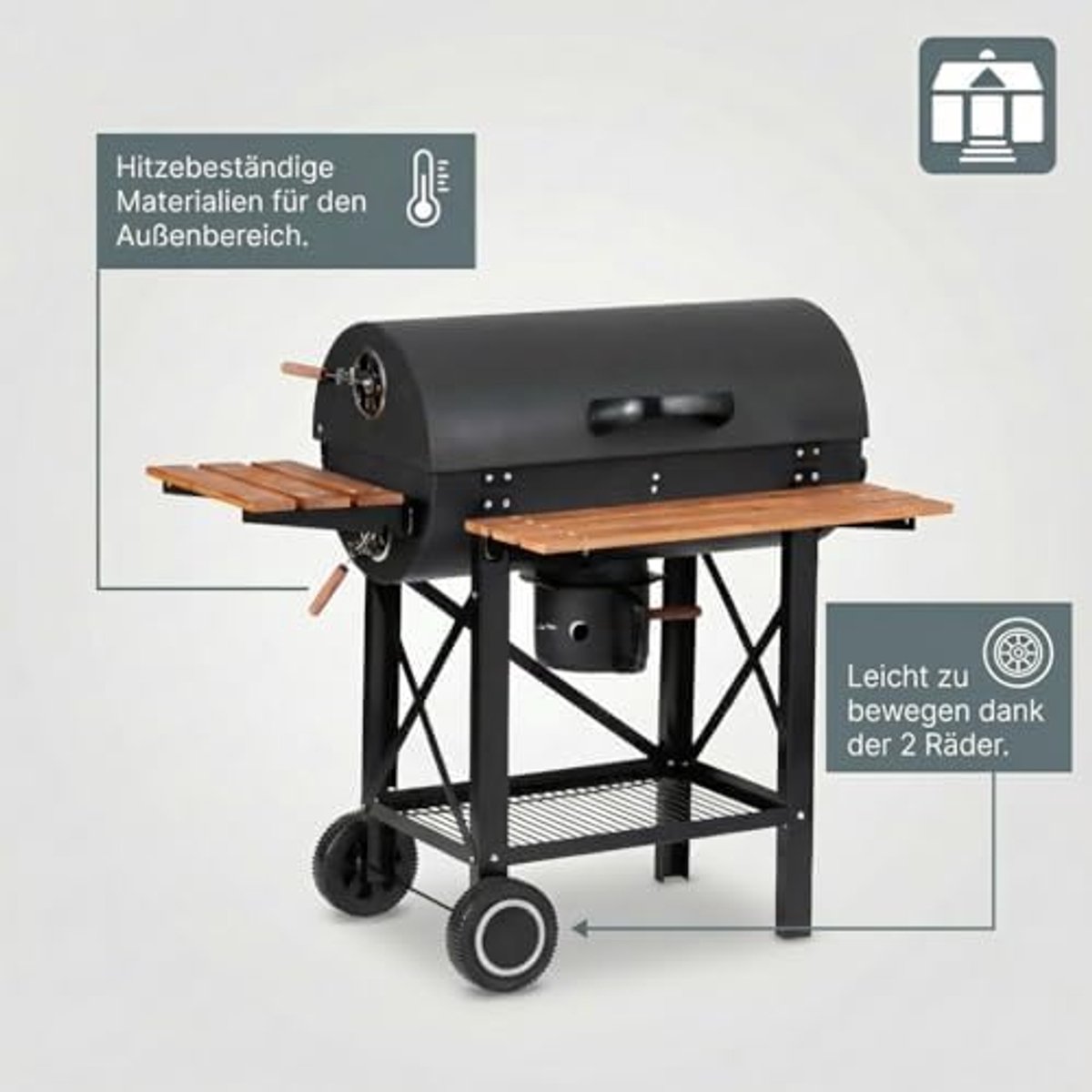 Louisiana Outdoor Houtskool Barbecue Grill 71 x 35 cm Grilloppervlak met Inklapbare Zijtafels, Warmhoudrek, Wielen en FSC Houtdetails – 99 x 115 x 74 cm