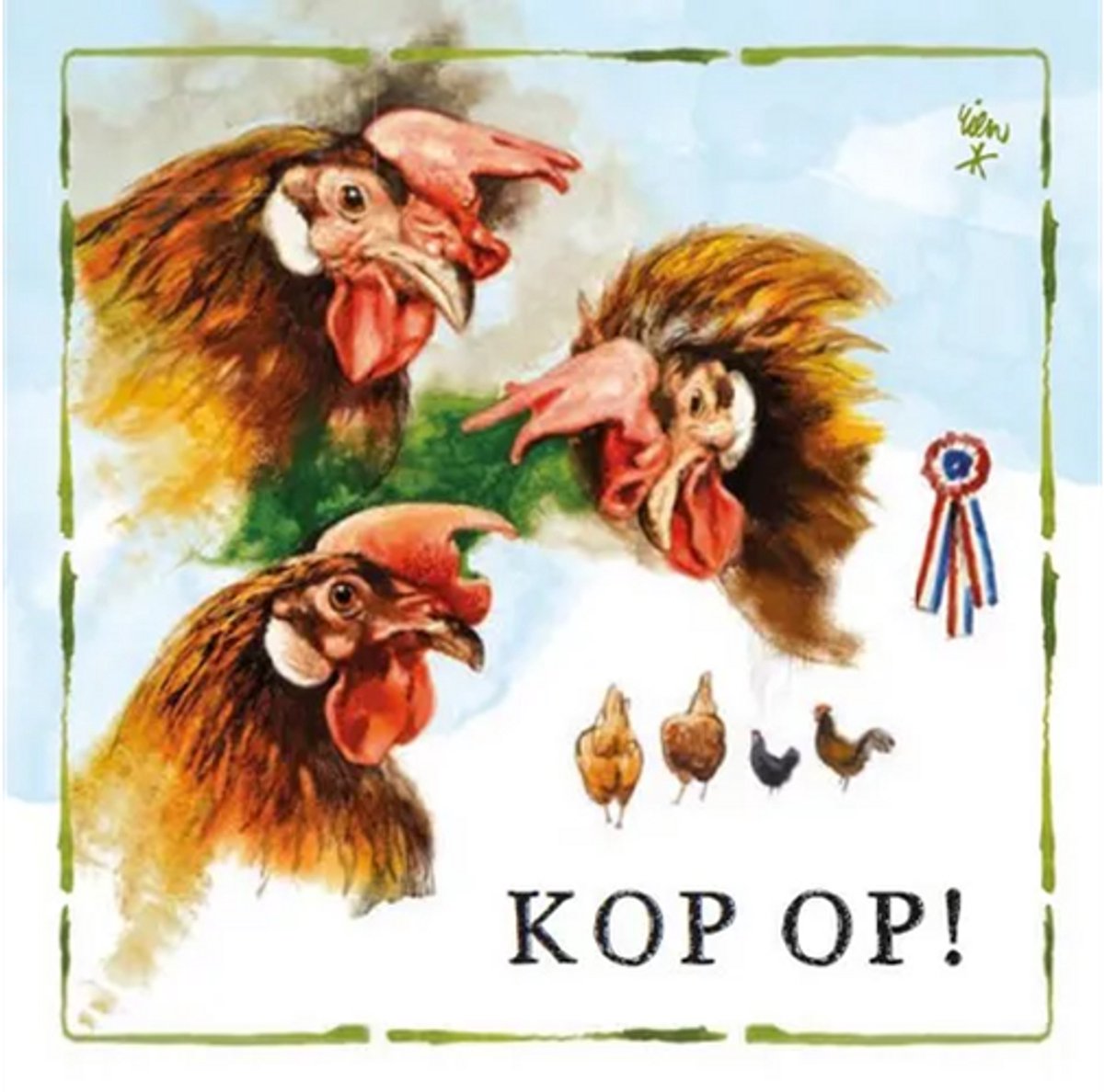 Rien Poortvliet Wenskaart KOP OP! – Kippen – 13,5 x 13,5 cm