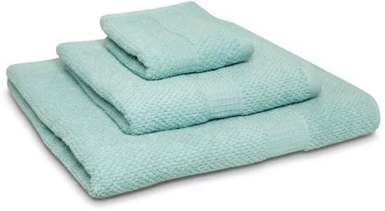 Trois serviettes vert menthe de différentes tailles, avec motif tissé popcorn.