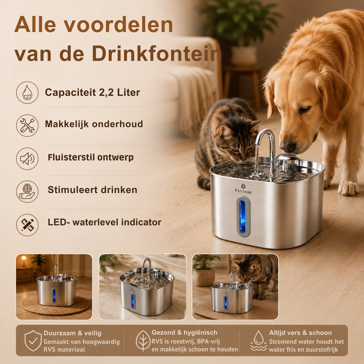 Pawdore Drinkfontein Kat en Hond - Kattenfontein 2.2L - Waterfontein Kat RVS - Incl 5 Filters en Cleaning Tool - Fluisterstil thumbnail 3