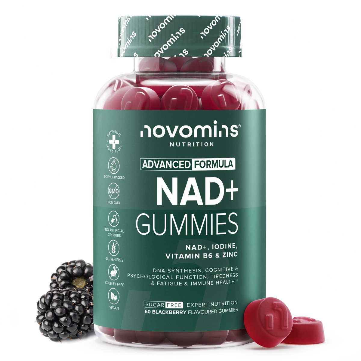 NAD+, 125 mg Nicotinamide, 60 Gummies, Suikervrij, Vegan, Halal, Getest door Eurofins, Novomins