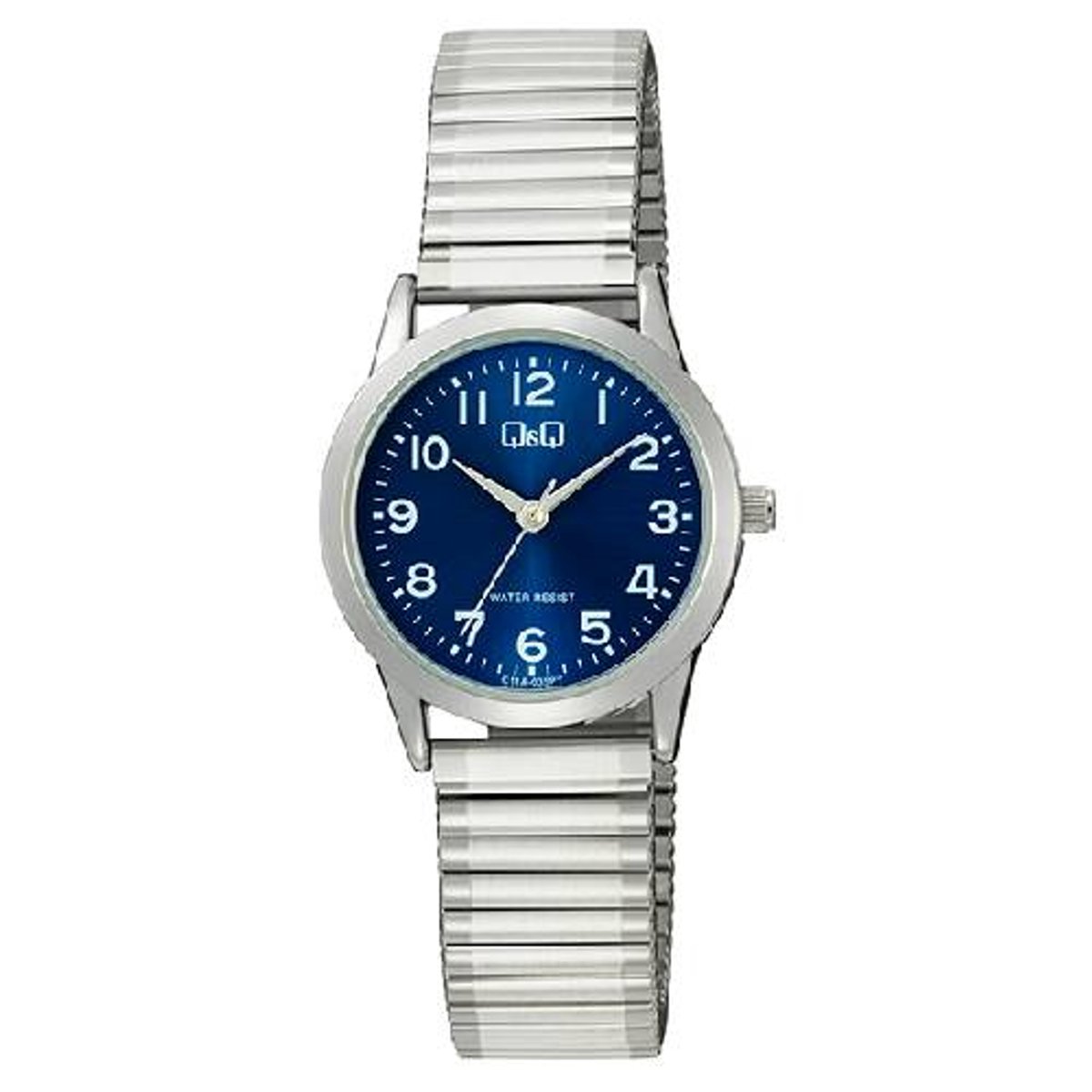 QQ-dameshorloge-model c11a-035py-blauwe wijzerplaat-rekbare band-diameter 30 mm-duidelijke wijzerplaat-hoog draagcomfort-3 atm waterdicht