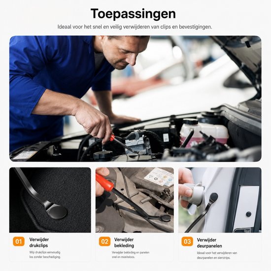 Een monteur gebruikt een clipverwijderaar om interieurclips, bekleding en deurpanelen van een auto te verwijderen.