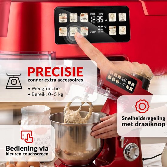 Keukenmachine - Keukenapparaat Mixer - Bakken Deeg Maken - Geïntegreerde Weegschaal - 8 Liter Kom - Rood — afbeelding 3