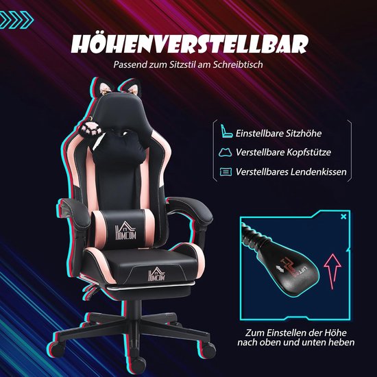 Gamingstoel met kattenoren - Gamer stoel - Comfortabel gamen - Verstelbare rugleuning - 124 cm hoog - Zwart — afbeelding 5