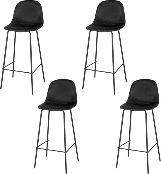 Quatre tabourets de bar noirs en velours avec des piétements en métal noir, vus de face.