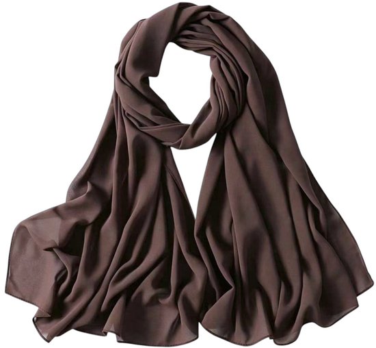 Lange, losse donkerbruine chiffon sjaal met een omgeslagen rand.