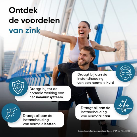 Een man draagt een lachende vrouw op zijn rug op een brug. Iconen met tekst over zink voor immuunsysteem, huid, haar en botten.