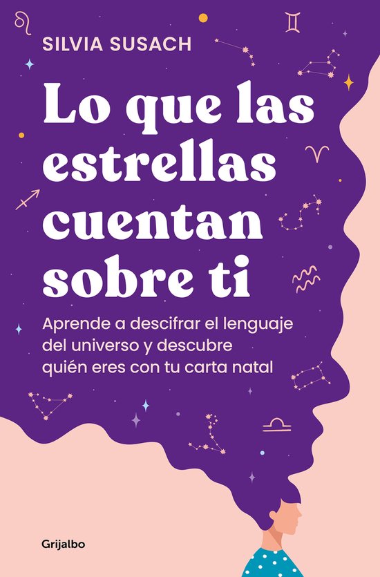 Boek met de titel 'Lo que las estrellas cuentan sobre ti'. Paarse omslag met de tekst in witte letters en sterrenbeelden.