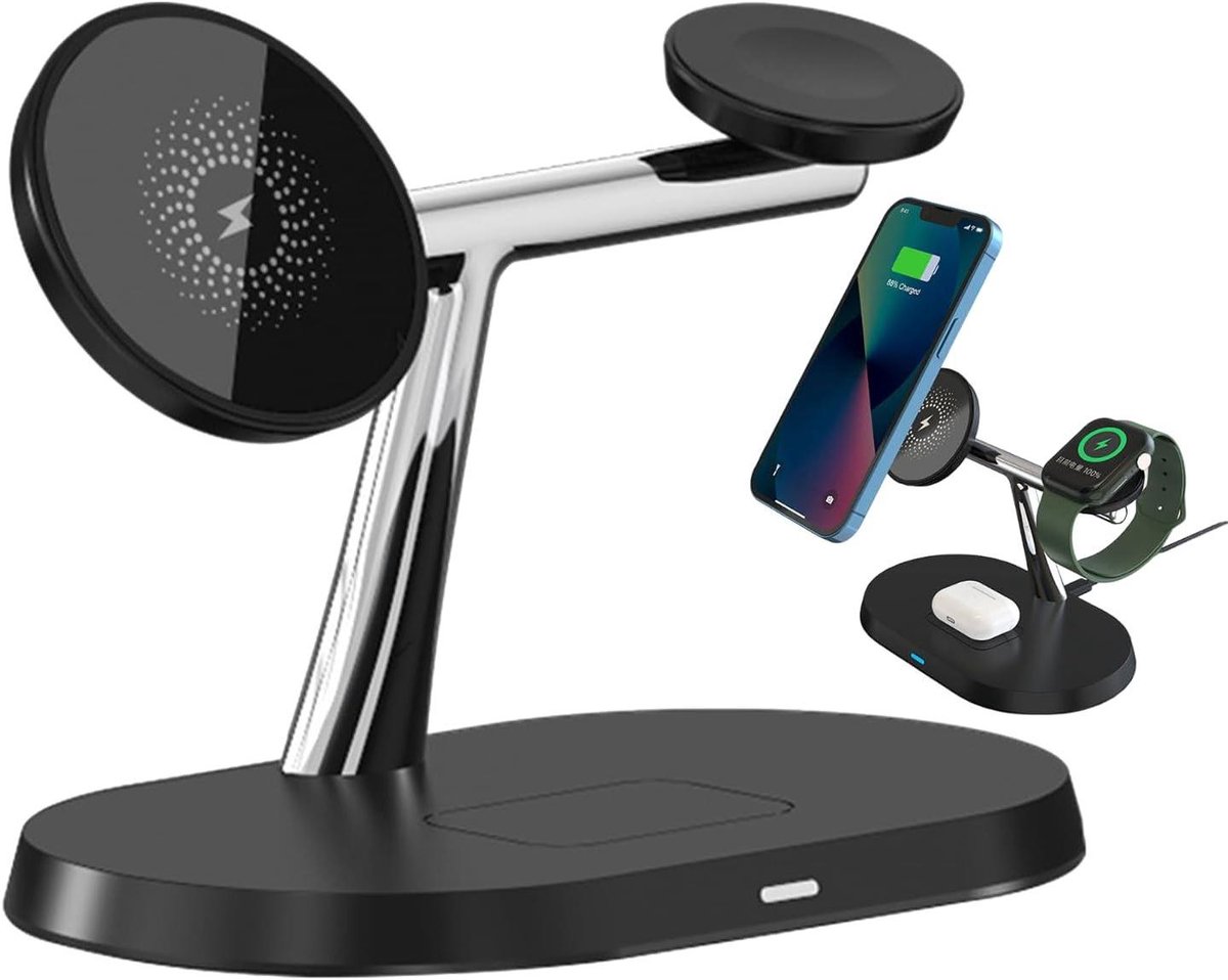 Draadloze Oplader Station - Telefoon Horloge Houder - Bureau Organiseren - Magnetische Uitlijning - 15 x 9 cm - Zwart