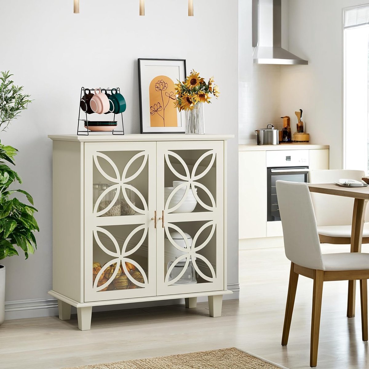 Moderne Retro Vitrinekast met 2 Deuren & Verstelbare Planken – Vrijstaand Dressoir met Hard Glazen Deuren, Opbergkast voor Keuken, Woonkamer, Hal en Badkamer – 80 x 38 x 87 cm