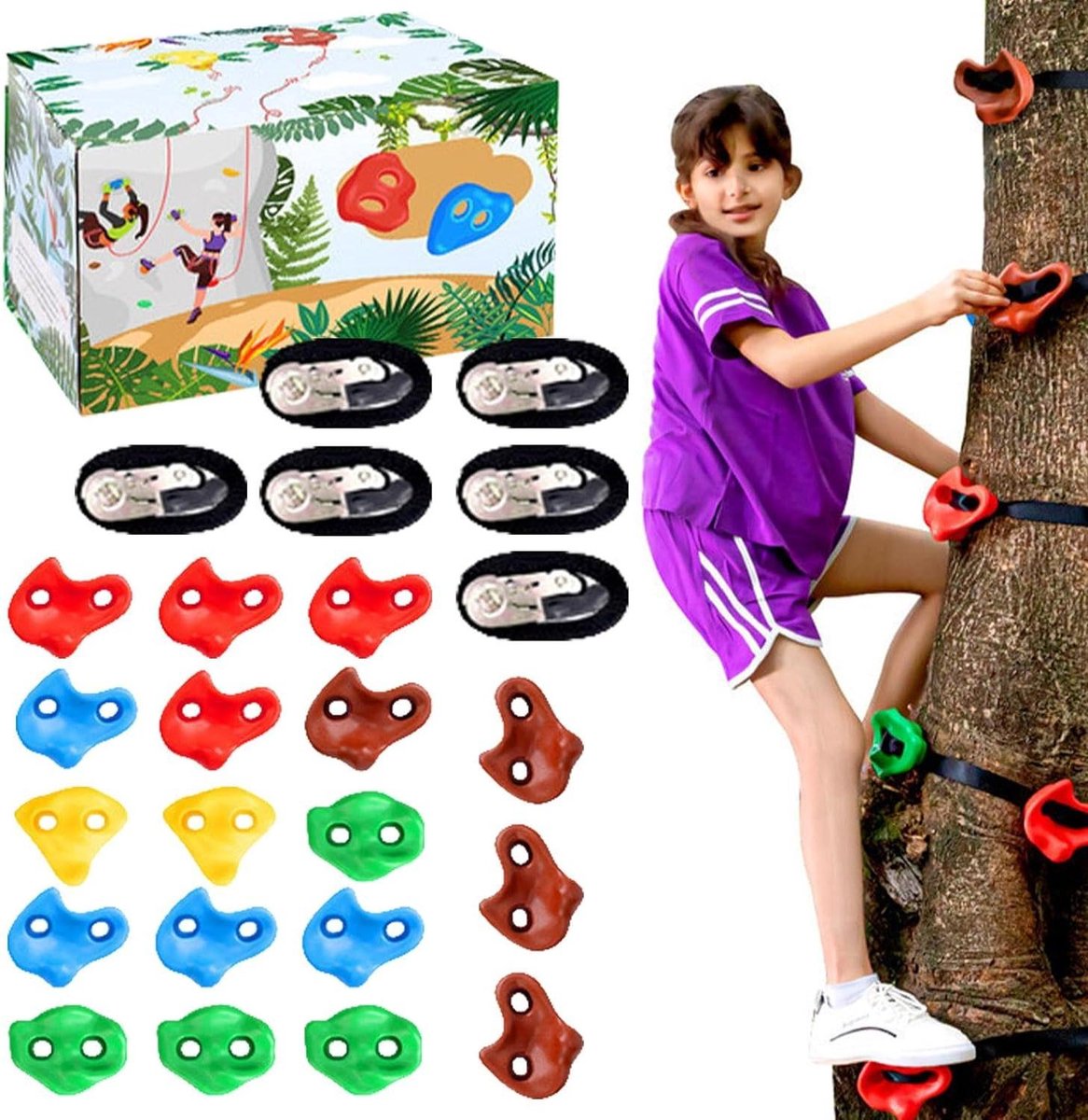 Klimgrepen Set - Klimstenen Muur - Buiten Spelen - 32 Bevestigingsmateriaal - 18 Stijlen - Multicolor