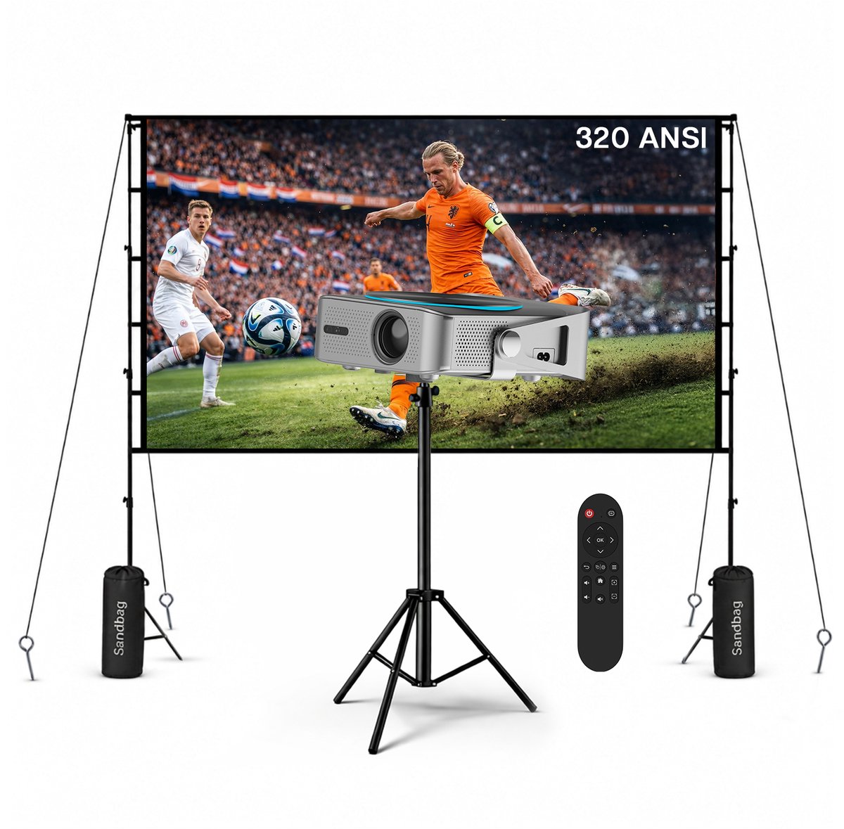 Beamer met WiFi & Bluetooth, 100 Inch Projectiescherm & Standaard van MMOBIEL – Native 1080P, 320 ANSI, 4K Ondersteuning, Automatische Keystone Correctie, 200 Inch – Voor HDMI, USB, iOS & Android